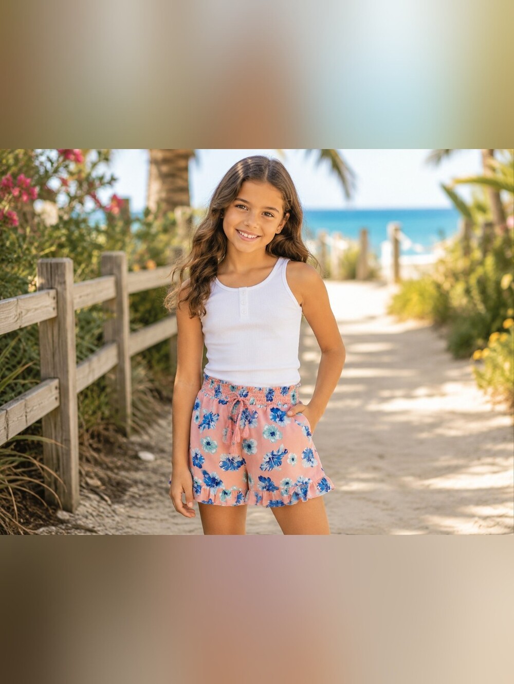 Girls Revue Floral Ruffle Hem Shorts Size 7/8 Peach Blue Tropical Pull-On Shorts